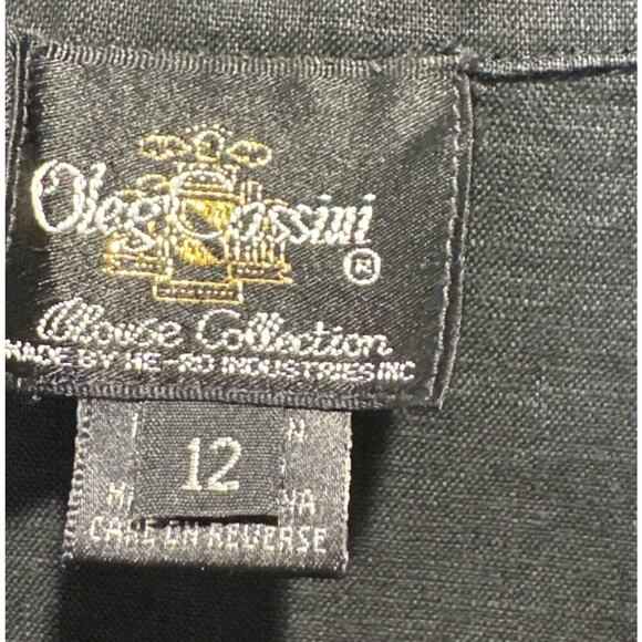 Vintage Oleg Cassini Linen Blouse Black Scalloped Button Front Short Sleeve - Picture 6 of 7